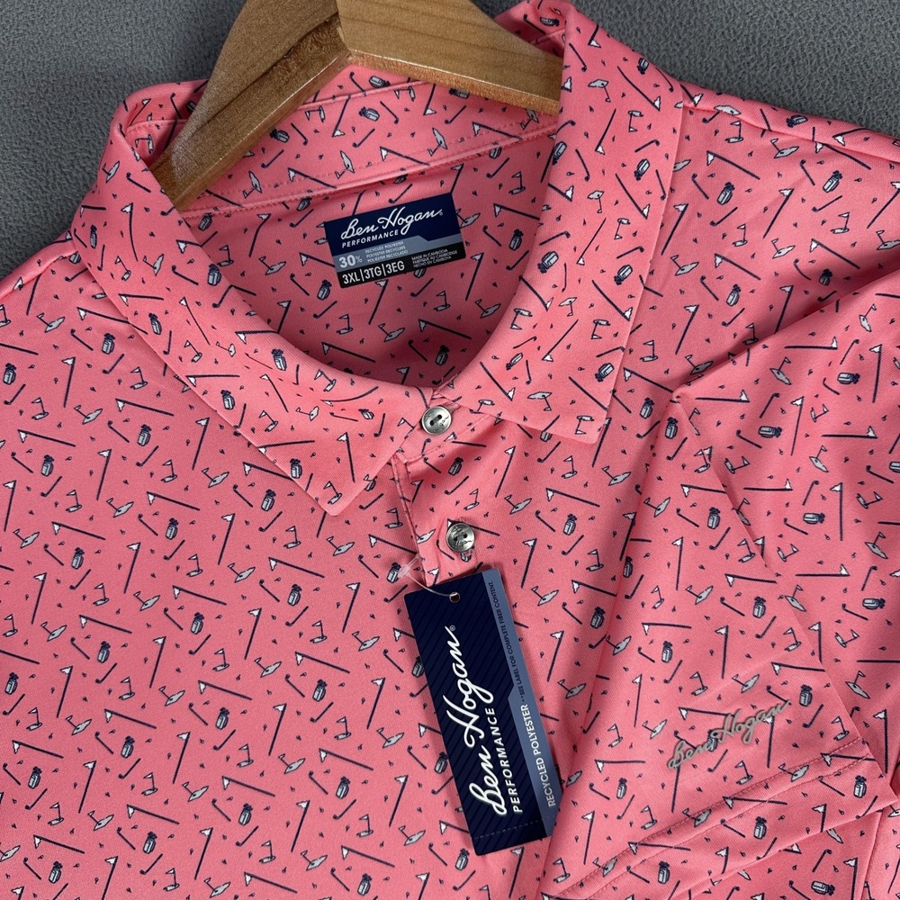 Ben Hogan Polo Shirt Mens 3XL Pink Geometric Clubs Performance Golf UPF‎ New